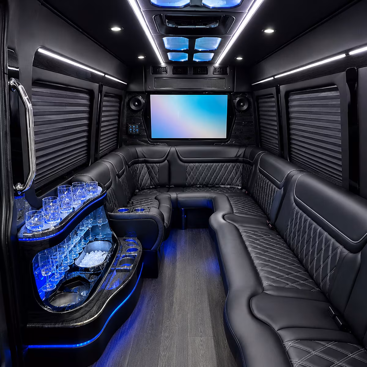 Passenger watching the Las Vegas scenery during a regional party bus road trip